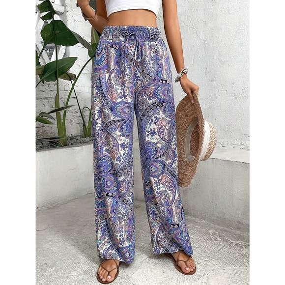 high waisted boho Paisley Print Wide Leg Pants 70s purple - Picture 1 of 11